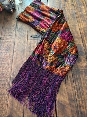 Oscar De La Renta Studio Scarf Shawl Wrap Abstract Floral Boho Fringed